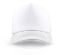 כובע רשת טראקר עם פאנל קדמי חלק להדפסה, גב רשת מאוורר וסגירת פלסטיק מתכווננת בצבע לבן ושחור