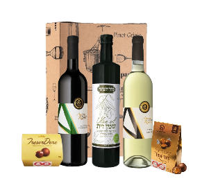 מארז יין ושמן זית יוקרתי עם פרלינים