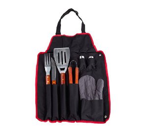 סינר מנגל עם ערכת גריל 7 חלקים – סט BBQ עם כיסים לכלים