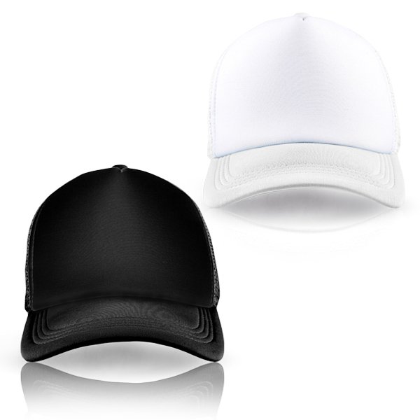 כובע רשת טראקר עם פאנל קדמי חלק להדפסה, גב רשת מאוורר וסגירת פלסטיק מתכווננת בצבע לבן ושחור