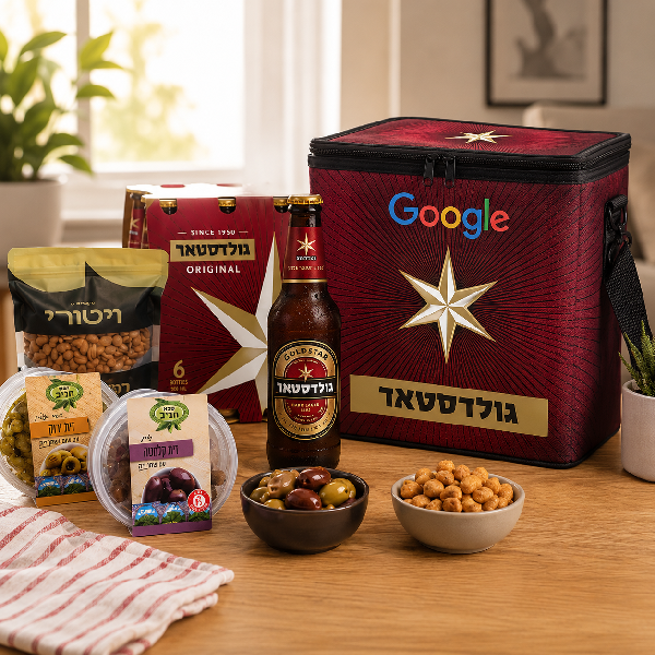 מארז גולדסטאר ממותג עם שישיית בירה, נשנושים וצידנית לעובדים