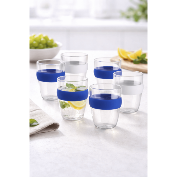 סט ארבע כוסות זכוכית עם חבק סיליקון צבעוני לאחיזה נוחה