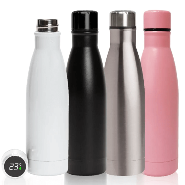 בקבוק תרמי חכם מנירוסטה עם תצוגת טמפרטורה, נפח 500 מ״ל, במספר צבעים