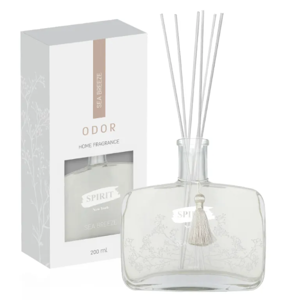 מפיץ ריח יוקרתי עם מקלות ריח, בקבוק זכוכית מעוצב וגדיל דקורטיבי, בניחוח ים, 200 מ״ל