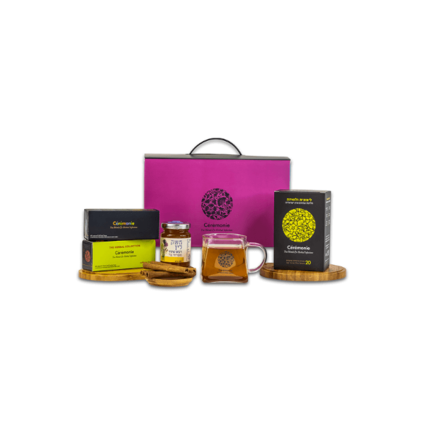 מארז זרזיר Ceremony Tea Gift Pack לפסח, קופסת שי שחורה מהודרת עם חלון שקוף המציג, תערובות תה איכותיות, דבש, תמרים וקינמון – מארז ממותג B2B לחברות הייטק ותאגידים.