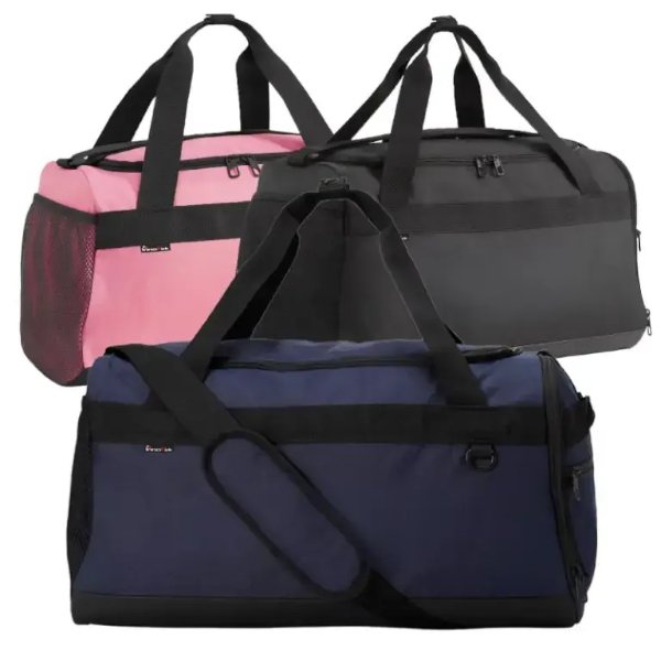 תיק ספורט קלאסי עם תא מרכזי גדול, תאי צד ותא רשת בצבעים ורוד אפור וכחול