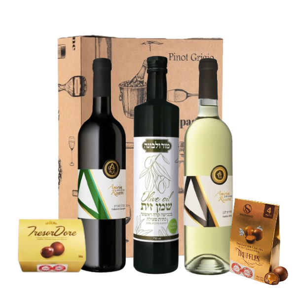 מארז מתנה הכולל שני בקבוקי יין אמירים רזרב אדום ולבן, שמן זית כתית מעולה ושני מארזי פרלינים משוקולד חלב