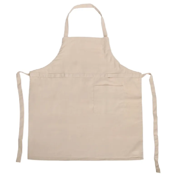 סינר מטבח מבד כותנה בצבע בז' עם כיס קדמי ורצועות קשירה.