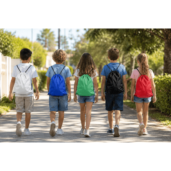 תיקי שרוכים מניילון במידות 42X34 ס"מ במגוון צבעים (לבן להדפסת סובלימציה, כחול, ירוק, שחור ואדום) עם שרוכים שחורים כפולים, מונחים על רקע לבן נקי."